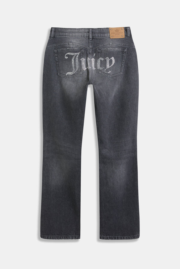 Jeans Donna Juicy Couture Mid Rise Bootcut in Denim Nero Lavato con Logo Strass