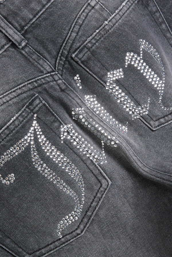 Jeans Donna Juicy Couture Mid Rise Bootcut in Denim Nero Lavato con Logo Strass