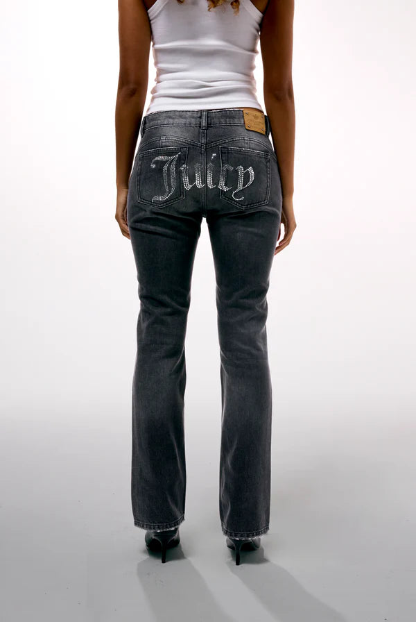 Jeans Donna Juicy Couture Mid Rise Bootcut in Denim Nero Lavato con Logo Strass — 3/5