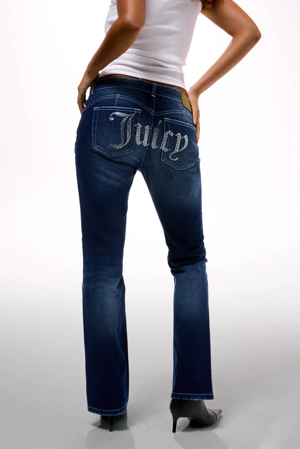 Jeans Juicy Couture bootcut a vita media – denim blu con logo strass