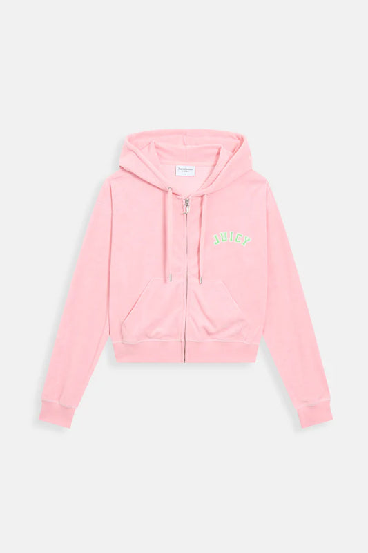 JUICY PINK - BLACK OVERSIZED COLLEGIATE CROPPED TOWELLING HOODIE