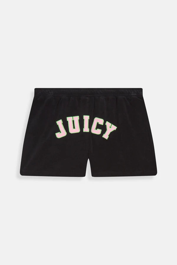 JUICY PINK - BLACK COLLEGIATE TOWELLING SHORTS