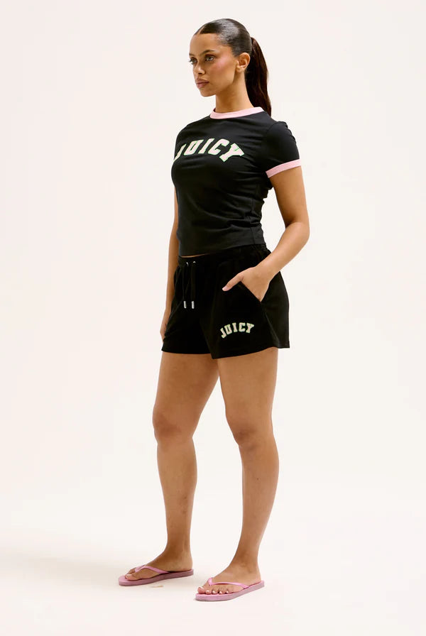 JUICY PINK - BLACK COLLEGIATE TOWELLING SHORTS