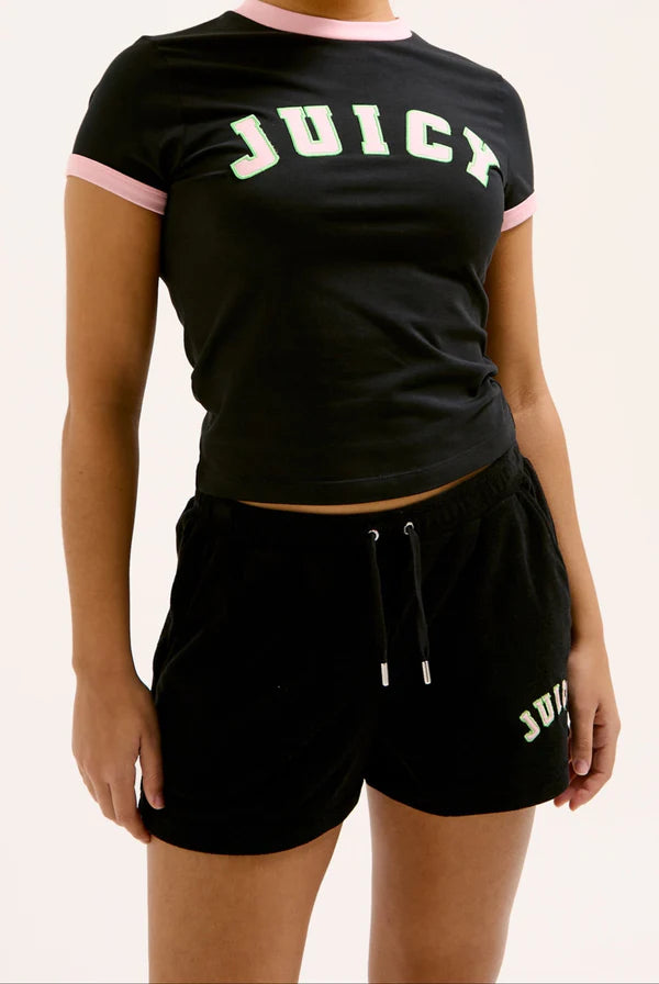 JUICY PINK - BLACK COLLEGIATE TOWELLING SHORTS