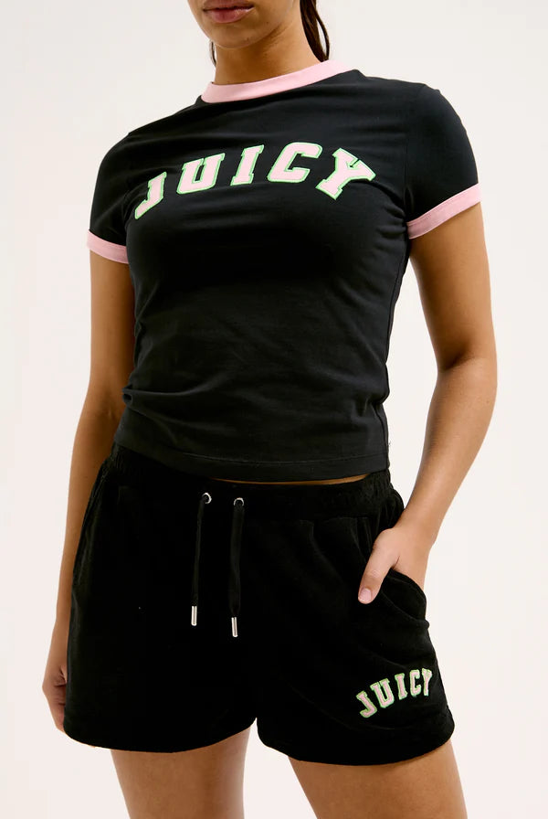 JUICY PINK - BLACK COLLEGIATE TOWELLING SHORTS
