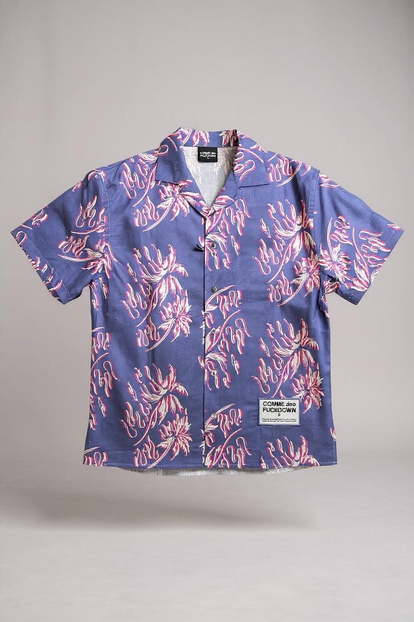 COMME DES FUCKDOWN - CAMICIA IN COTONE VIOLA CON STAMPA ALL OVER CON ETK