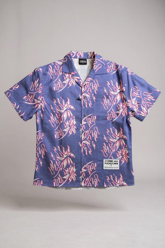 COMME DES FUCKDOWN - CAMICIA IN COTONE VIOLA CON STAMPA ALL OVER CON ETK