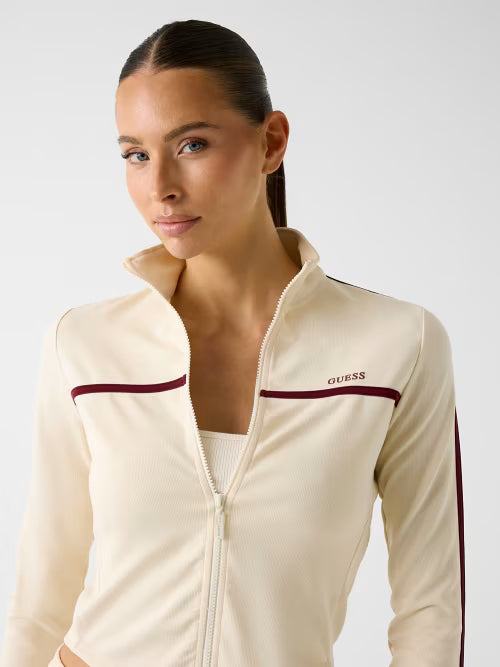Giacca Guess Donna Beige con Zip e Dettagli a Contrasto – Slim Fit Sport Chic
