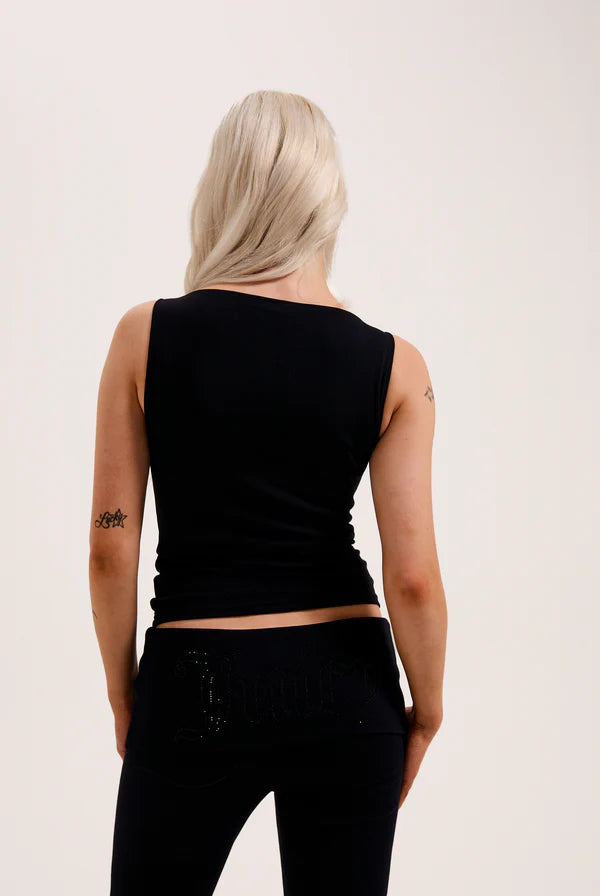 JUICY COUTURE - Pantalone in jersey di modal a vita bassa con bordo arrotolabile e logo juicy in diamanti nero