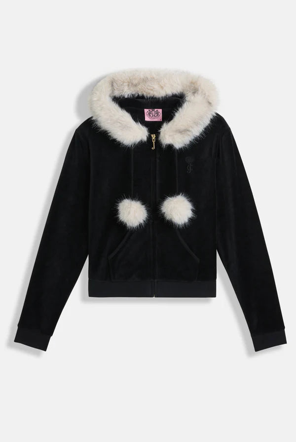 JUICY COUTURE - Felpa heritage in velour di bamboo con bordo in pelliccia e ricamo nero