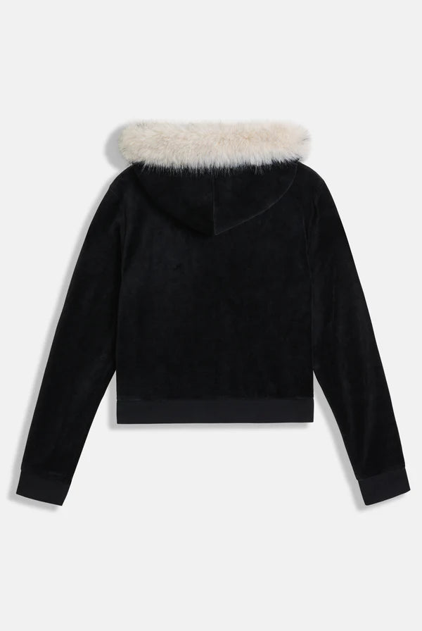 JUICY COUTURE - Felpa heritage in velour di bamboo con bordo in pelliccia e ricamo nero