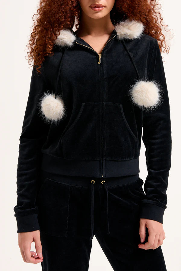 JUICY COUTURE - Felpa heritage in velour di bamboo con bordo in pelliccia e ricamo nero