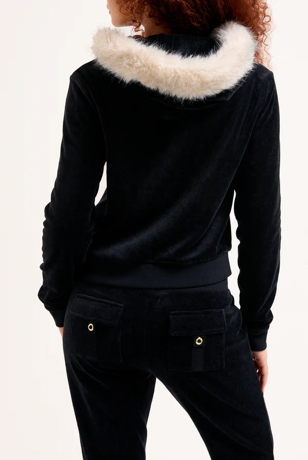 JUICY COUTURE - Felpa heritage in velour di bamboo con bordo in pelliccia e ricamo nero