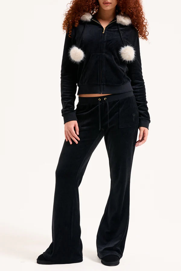 JUICY COUTURE - Felpa heritage in velour di bamboo con bordo in pelliccia e ricamo nero