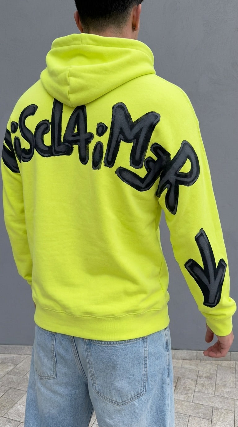 Felpa Uomo Disclaimer Giallo Fluo con Cappuccio – Logo Maxi Back, Stile Streetwear