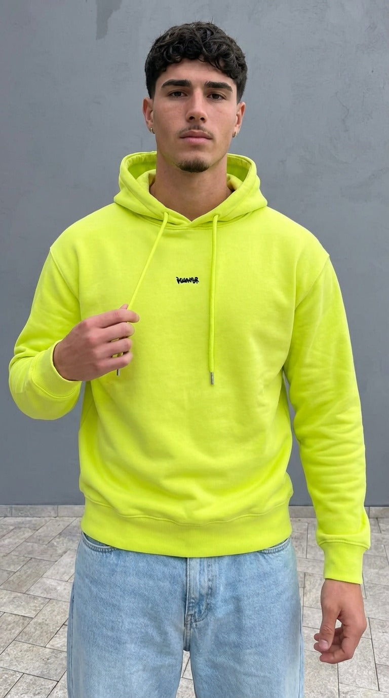 Felpa Uomo Disclaimer Giallo Fluo con Cappuccio – Logo Maxi Back, Stile Streetwear