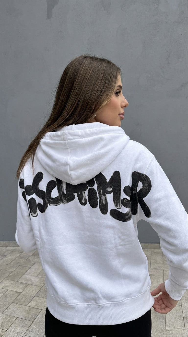 Felpa DISCLAIMER Donna Bianca con Cappuccio e Zip – Logo Back