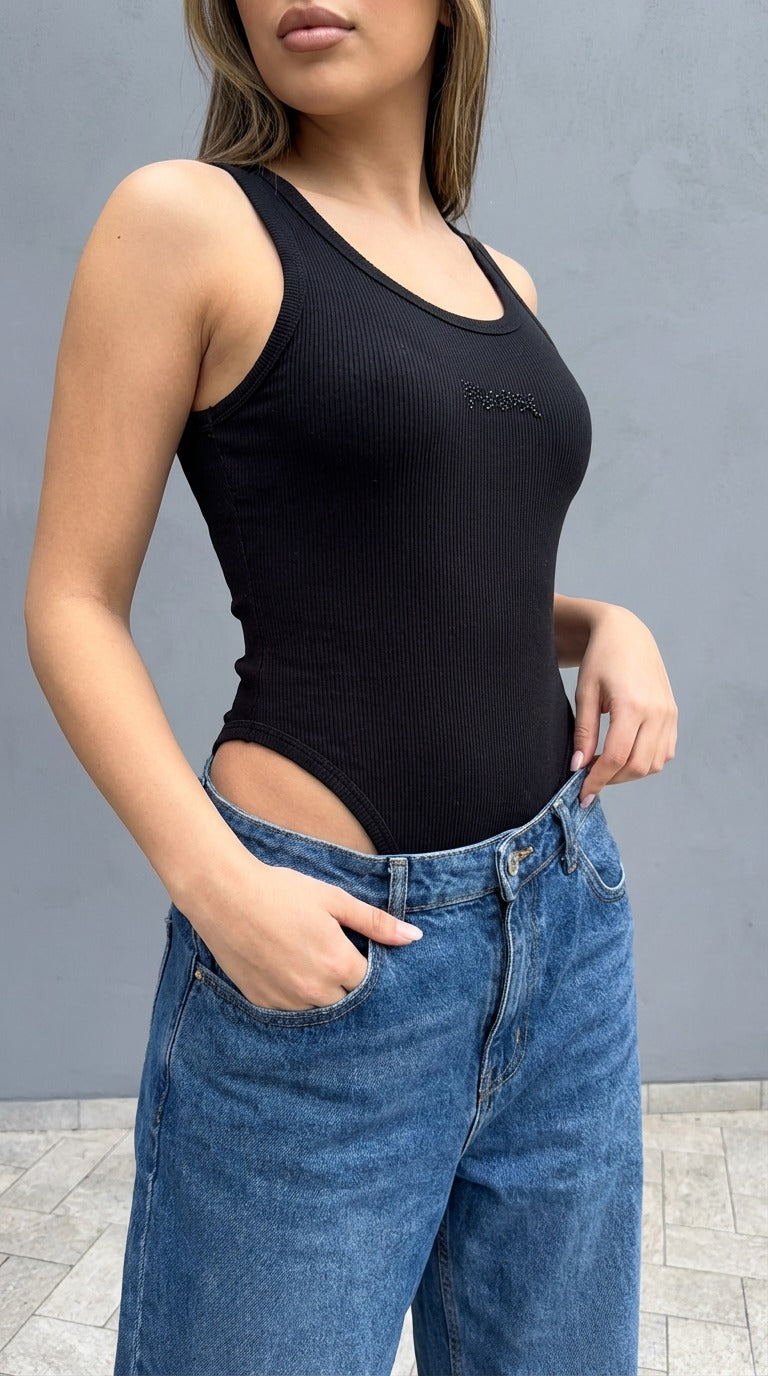 Body Donna Nero a Costine con Logo Strass – DISCLAIMER