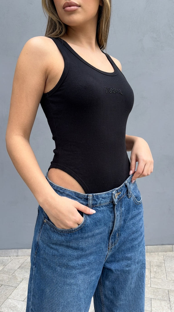 Body Donna Nero a Costine con Logo Strass – DISCLAIMER