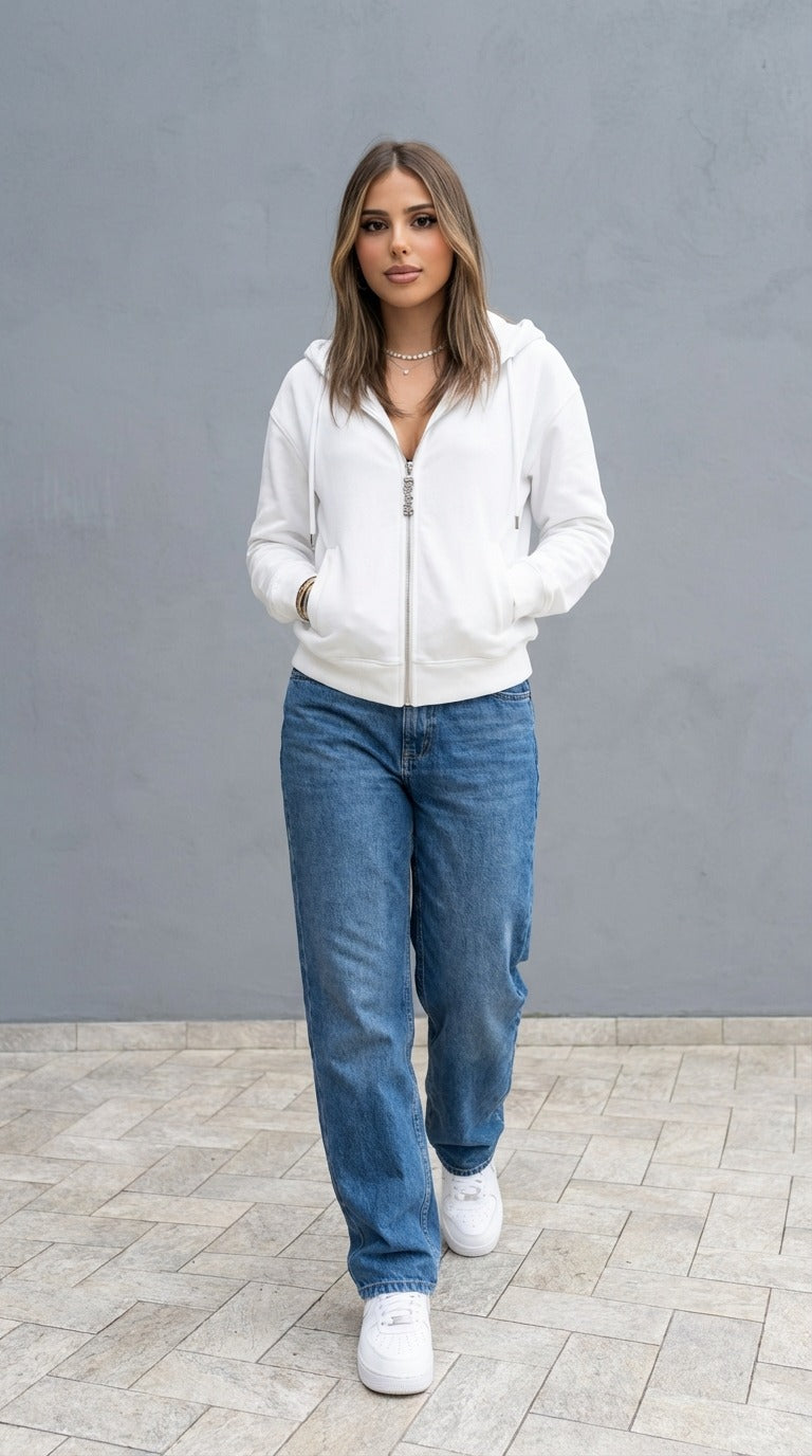 Felpa DISCLAIMER Donna Bianca con Cappuccio e Zip – Logo Back