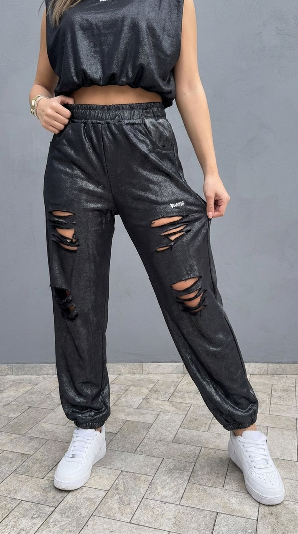 Pantalone Disclaimer Effetto Laminato con Strappi – Streetwear Iconico