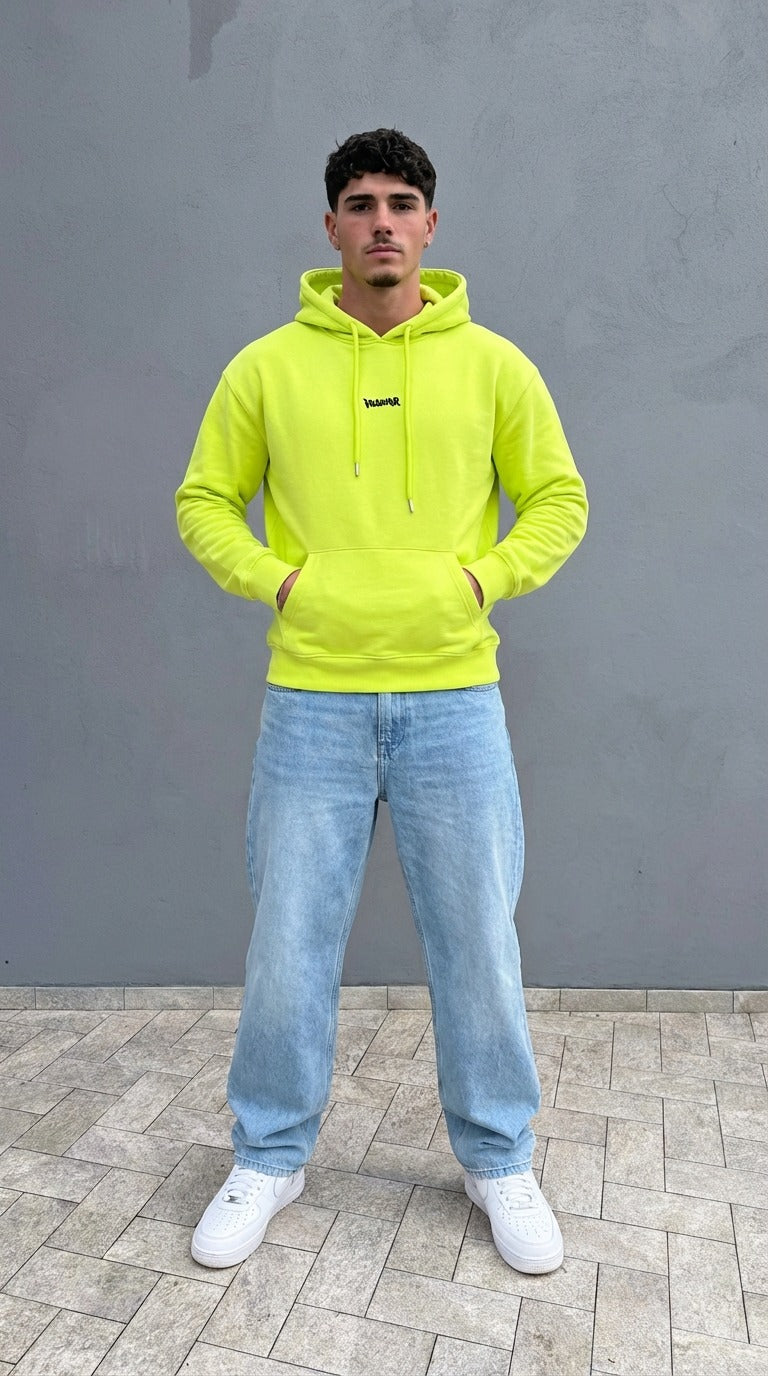 Felpa Uomo Disclaimer Giallo Fluo con Cappuccio – Logo Maxi Back, Stile Streetwear