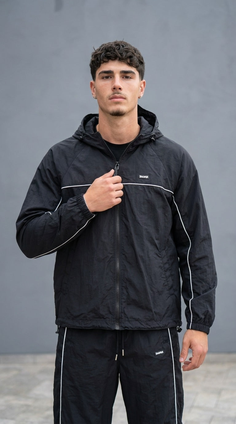 Felpa Disclaimer Uomo Nera con Cappuccio – Track Jacket Sportiva con Bande a Contrasto