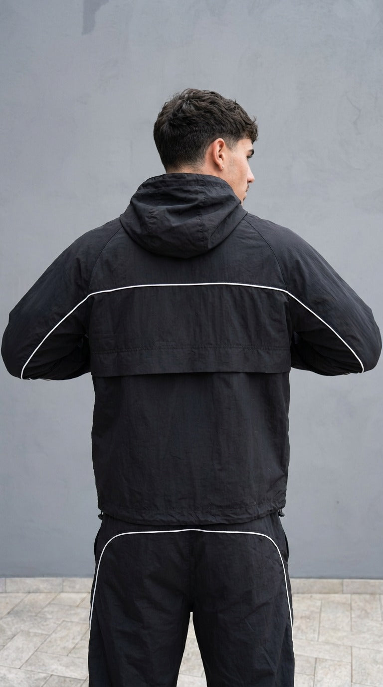 Felpa Disclaimer Uomo Nera con Cappuccio – Track Jacket Sportiva con Bande a Contrasto
