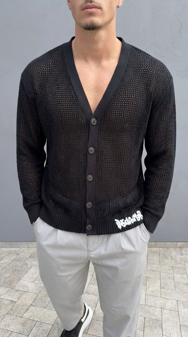 Cardigan Nero Traforato Uomo Disclaimer – Vestibilità Regular, Stile Urban Contemporaneo