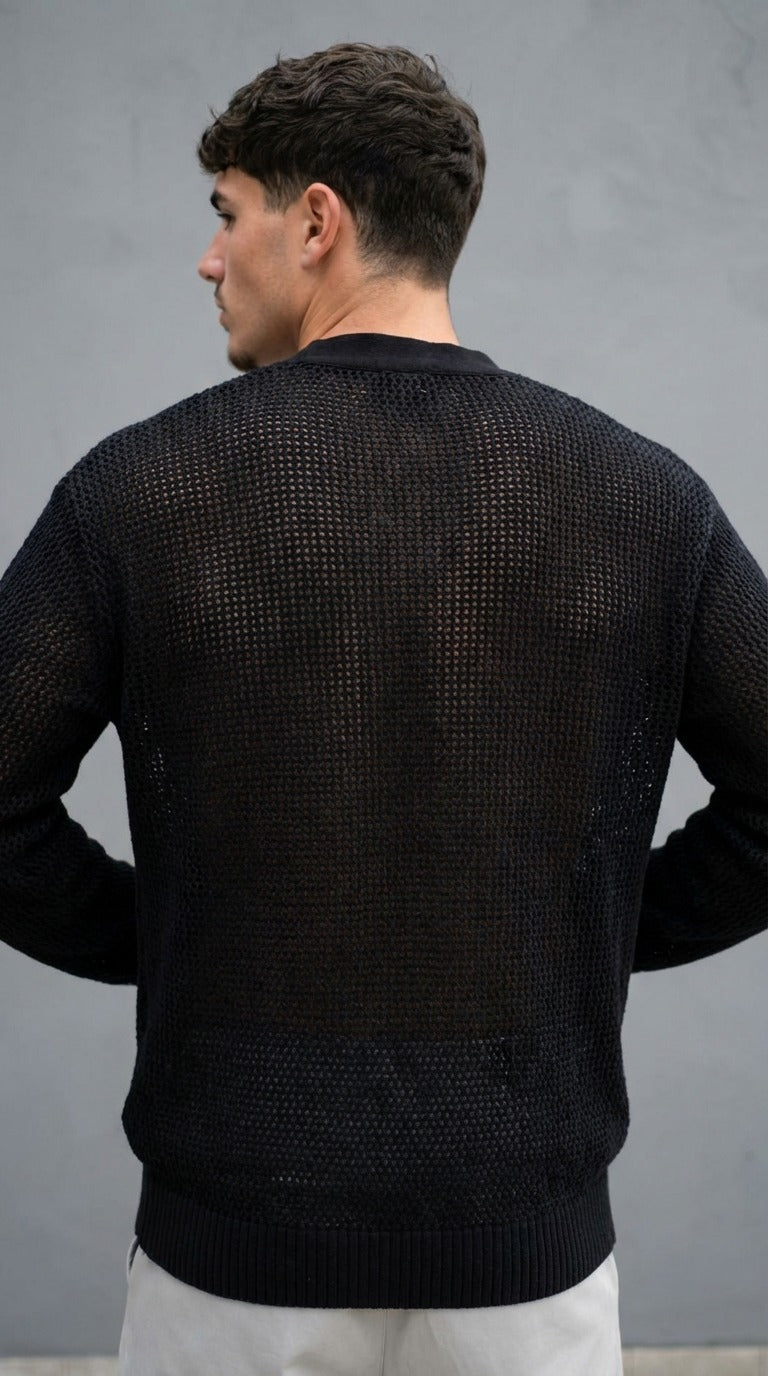 Cardigan Nero Traforato Uomo Disclaimer – Vestibilità Regular, Stile Urban Contemporaneo
