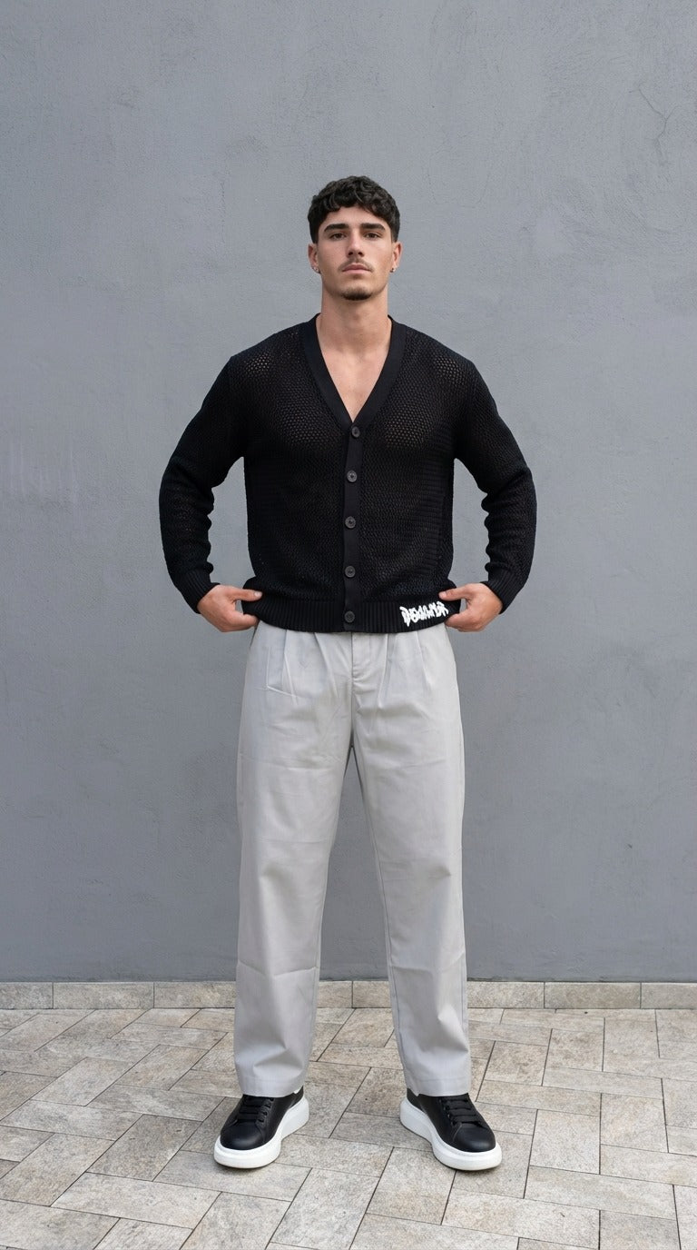 Cardigan Nero Traforato Uomo Disclaimer – Vestibilità Regular, Stile Urban Contemporaneo
