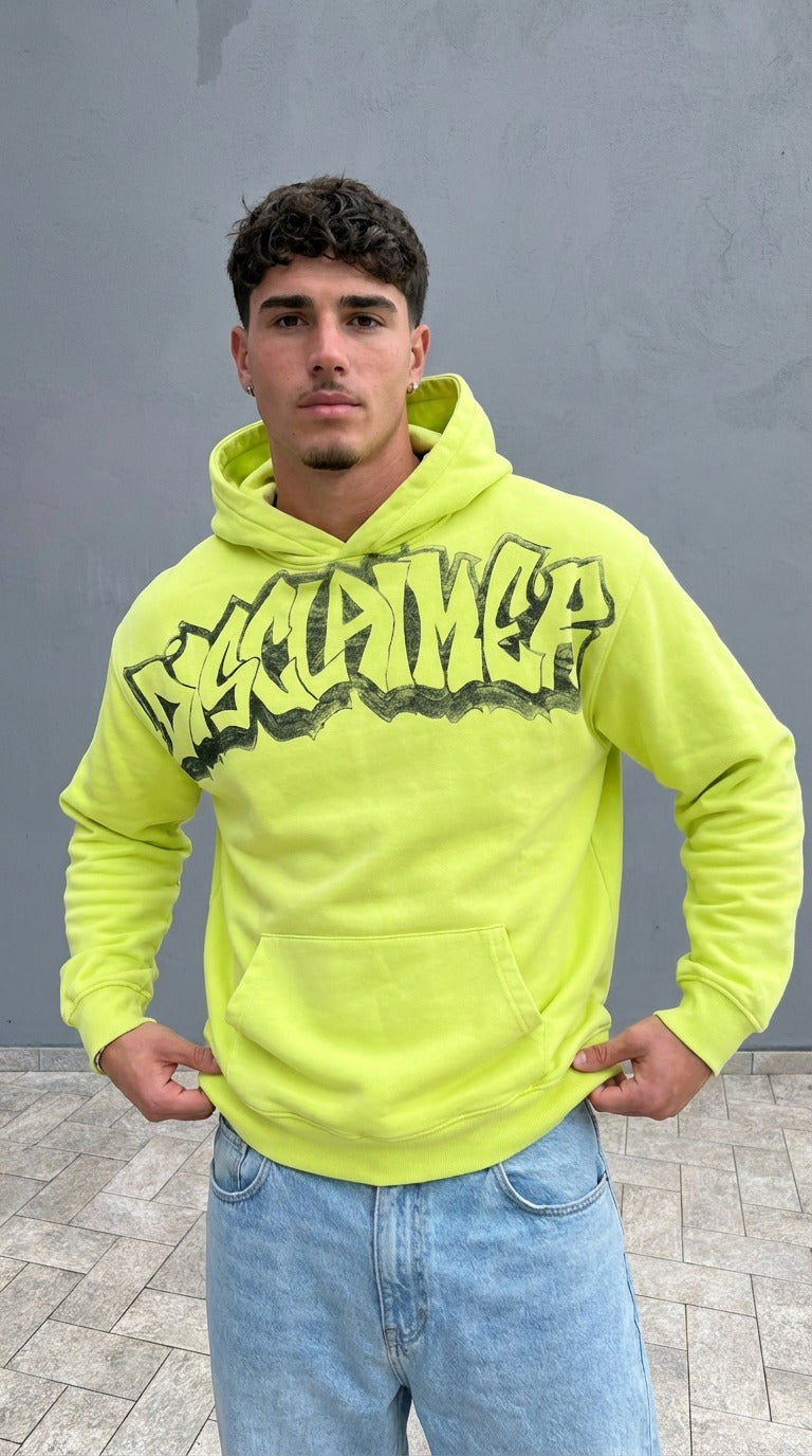 Felpa Uomo Disclaimer Giallo Lime con Cappuccio – Maxi Logo Frontale Graffiti — 2/3