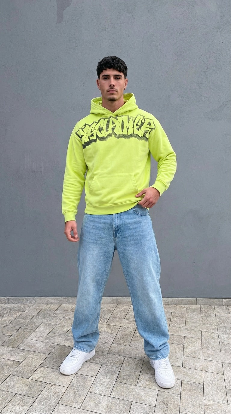 Felpa Uomo Disclaimer Giallo Lime con Cappuccio – Maxi Logo Frontale Graffiti — 1/3