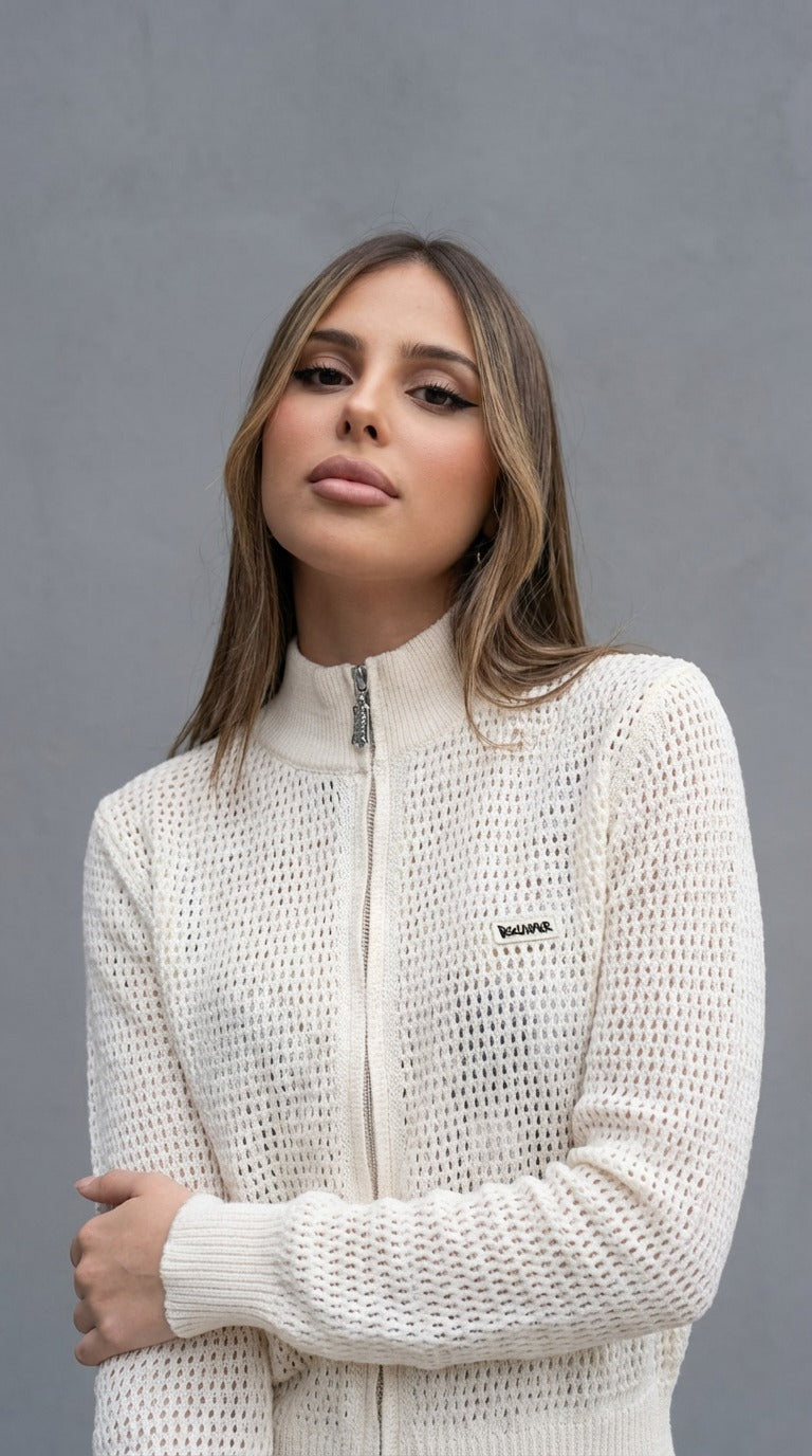 Completo 3 Pezzi Donna in Maglia Traforata Bianco/Panna – Top, Shorts e Felpa Zip