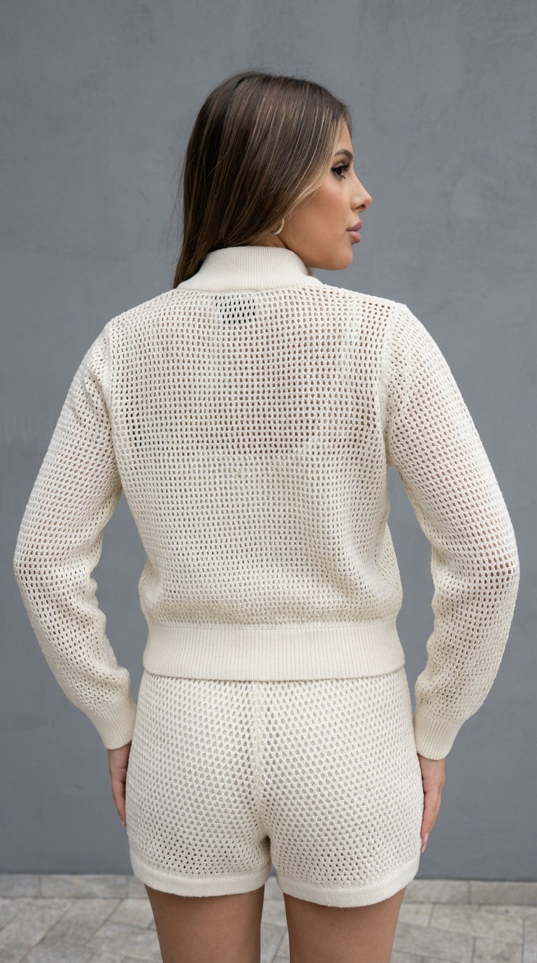 Completo 3 Pezzi Donna in Maglia Traforata Bianco/Panna – Top, Shorts e Felpa Zip — 6/8