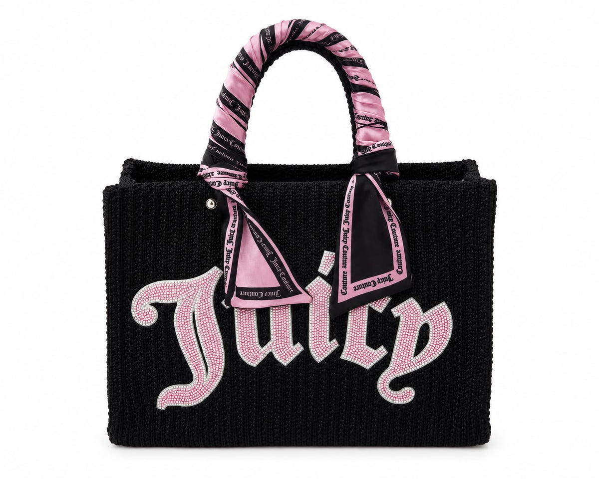 Borsa Shopping Juicy Couture Nera in Rafia Intrecciata con Logo Strass e Foulard