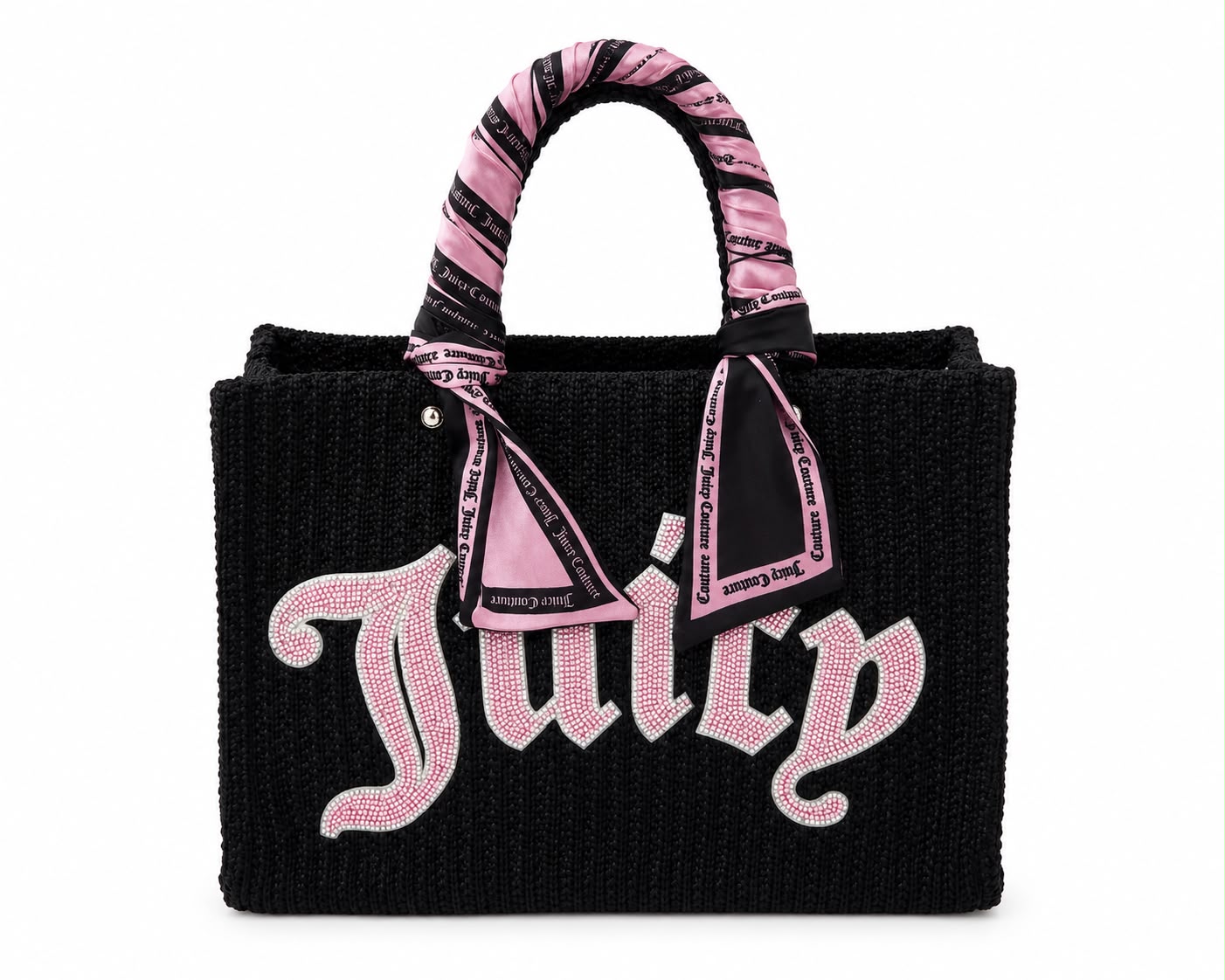 Borsa Shopping Juicy Couture Nera in Rafia Intrecciata con Logo Strass e Foulard