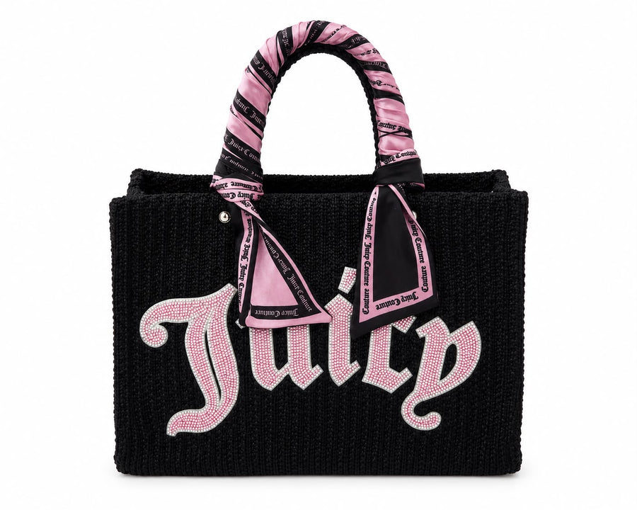 Borsa Shopping Juicy Couture Nera in Rafia Intrecciata con Logo Strass e Foulard — 1/2