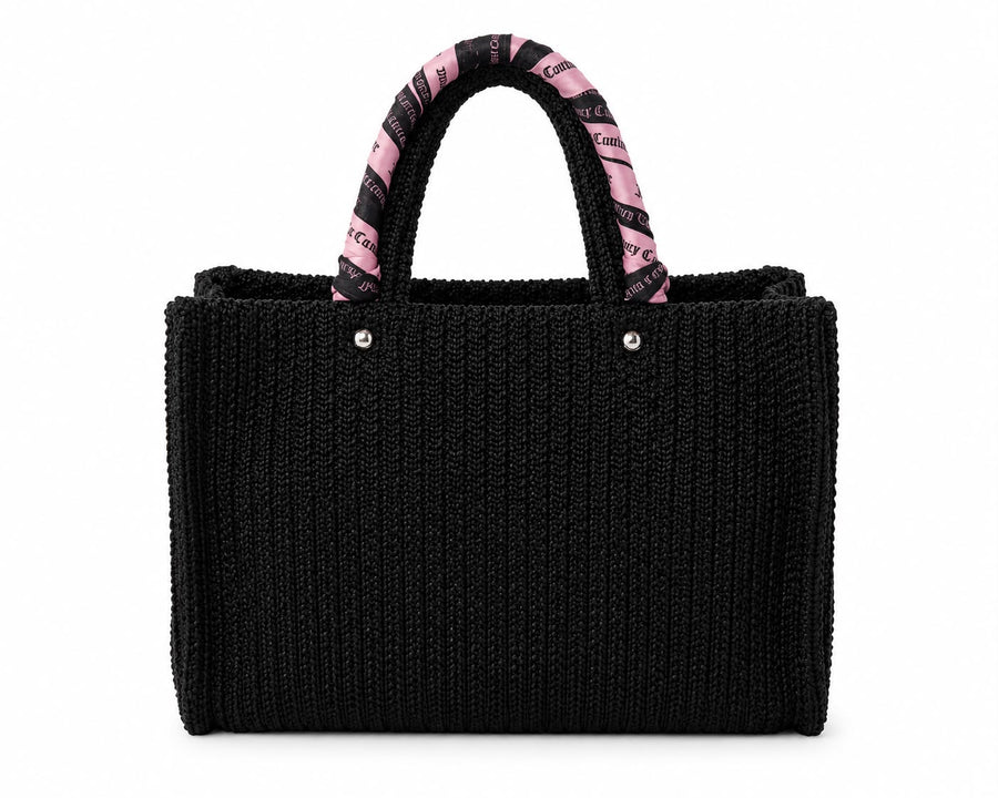 Borsa Shopping Juicy Couture Nera in Rafia Intrecciata con Logo Strass e Foulard — 2/2