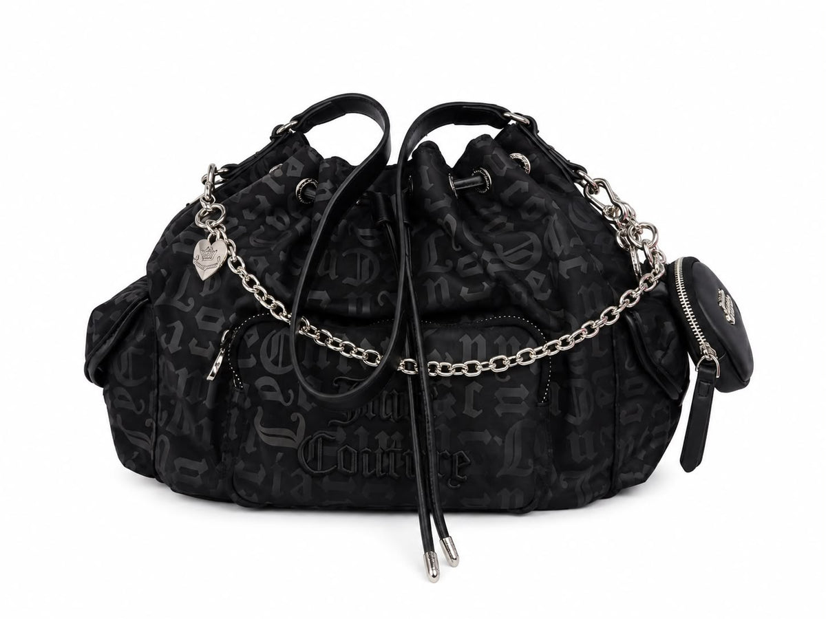 Borsa Secchiello Juicy Couture Nera Monogram con Charm e Pochette