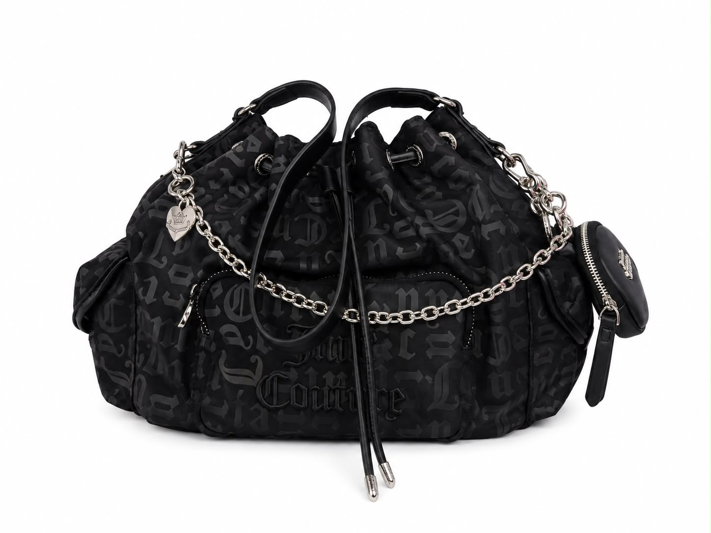 Borsa Secchiello Juicy Couture Nera Monogram con Charm e Pochette